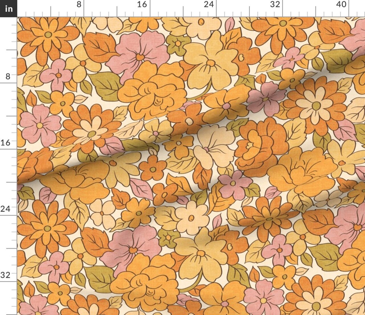 1970S Floral Flowers Vintage Nostalgia Seventies Hippie Boho Botanical Bloom Orange Beige Pink Green Custom Printed Fabric by Spoonflower Various Fabrics by the Yard or Fat Quarter
